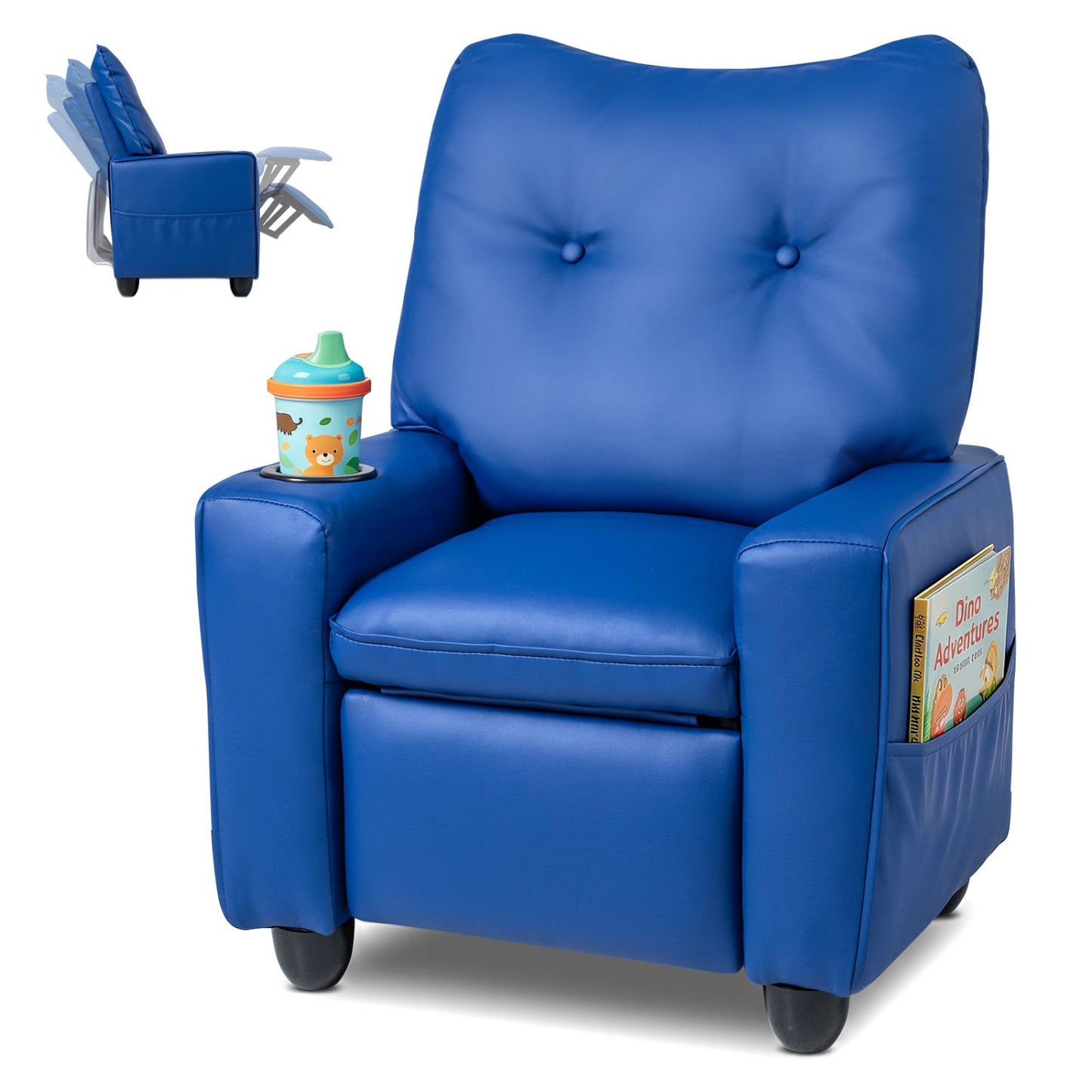 Kids Recliner Chair by DirectDeals in blue faux leather with cup holder and adjustable backrest on Tampa Home & Garden Store