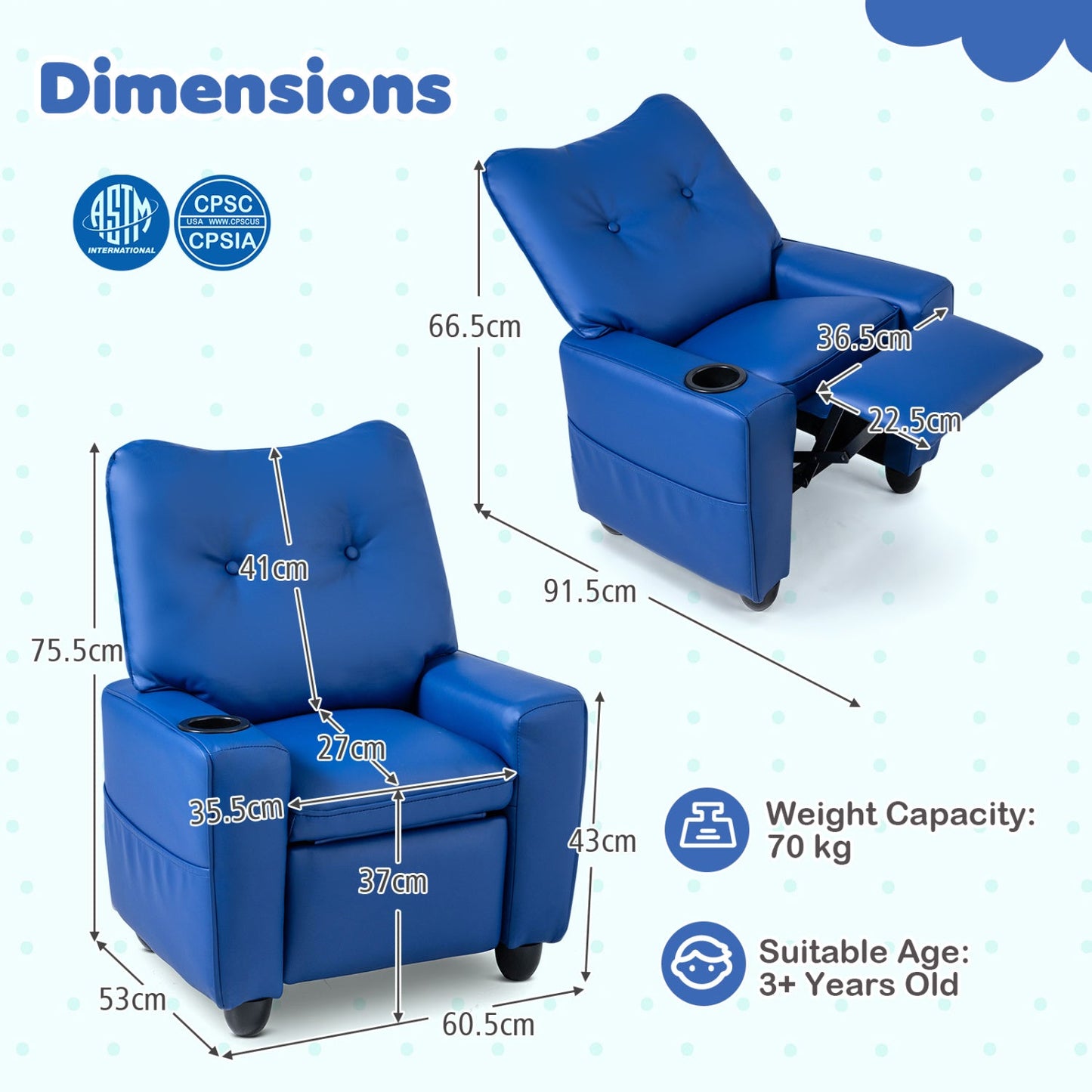 Kids recliner chair by DirectDeals, blue with cup holder and adjustable backrest on Tampa Home & Garden Store