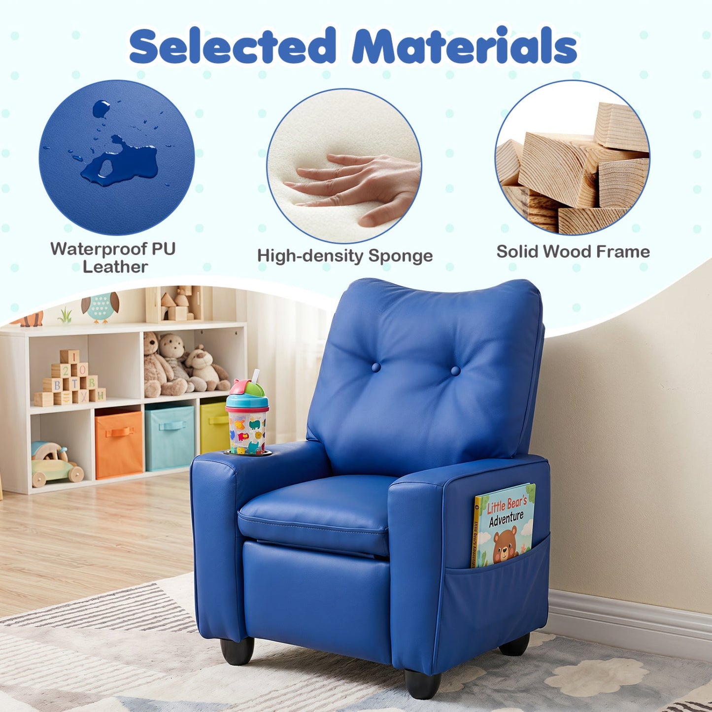 Kids Recliner Chair with Cup Holder in blue waterproof PU leather, adjustable backrest by DirectDeals on Tampa Home & Garden Store