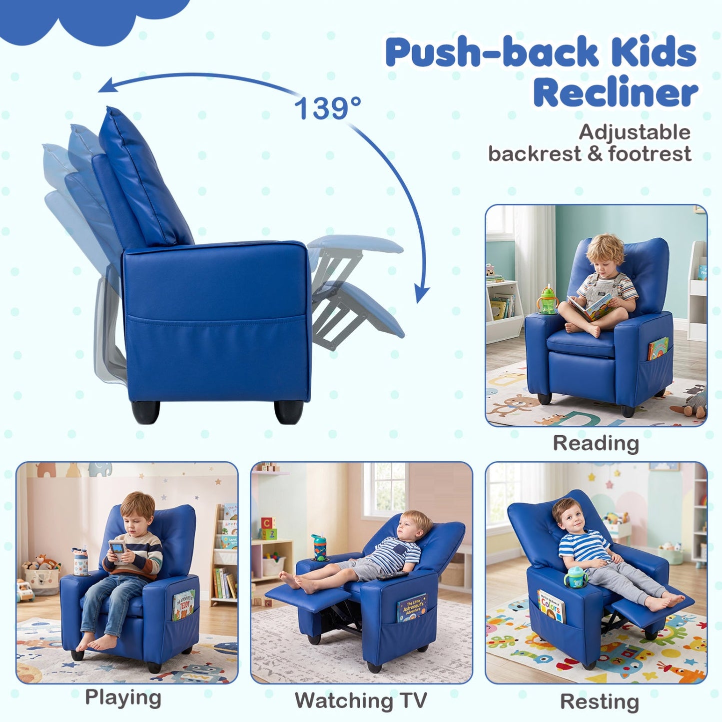 Blue kids recliner chair with cup holder and adjustable backrest by DirectDeals on Tampa Home & Garden Store