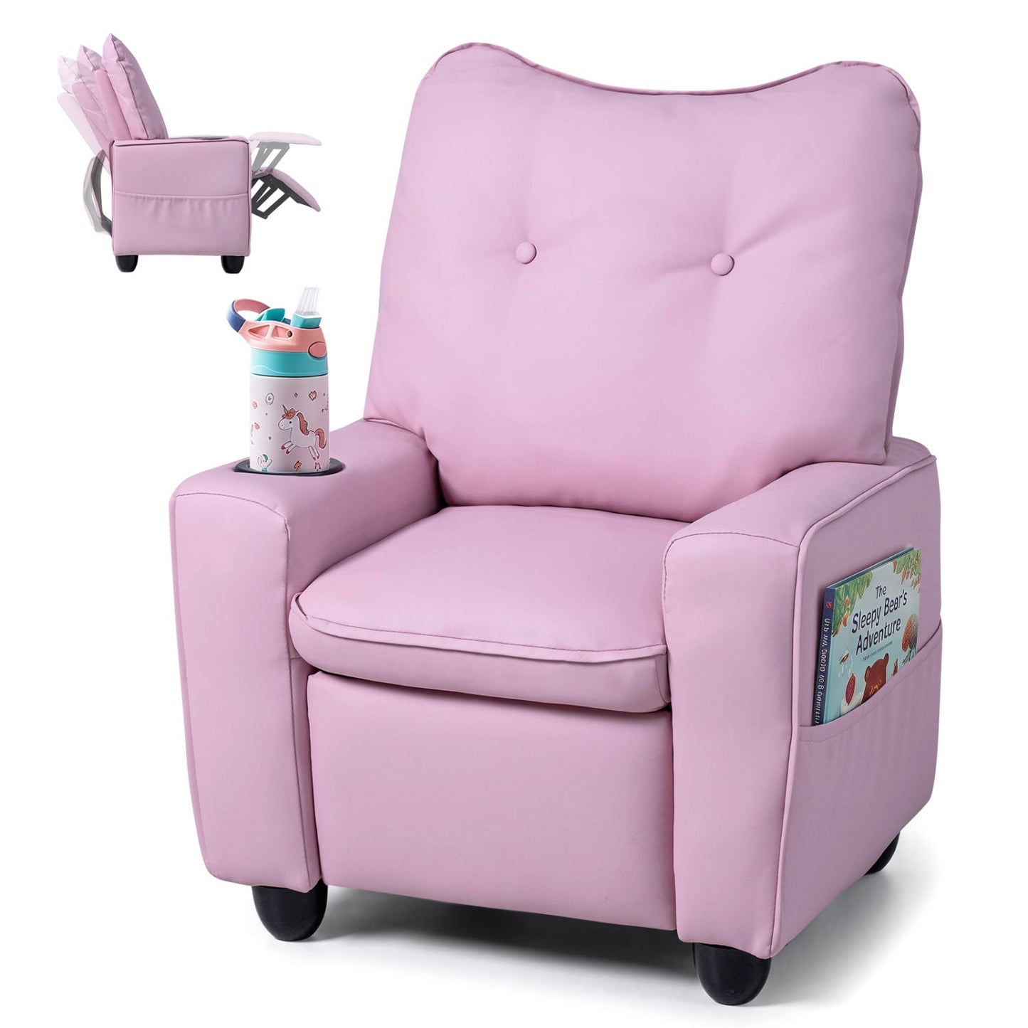 Kids Recliner Chair with Cup Holder in pink faux leather, adjustable backrest on Tampa Home & Garden Store
