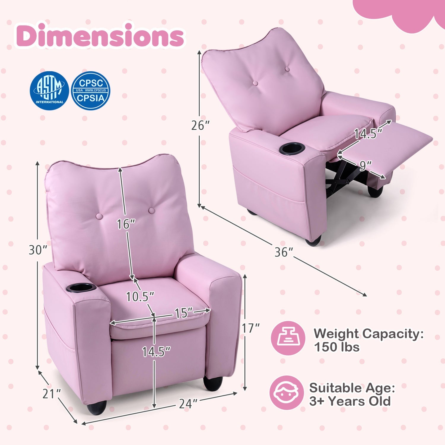 Kids recliner chair DirectDeals pink upholstery with cup holder and adjustable backrest on Tampa Home & Garden Store