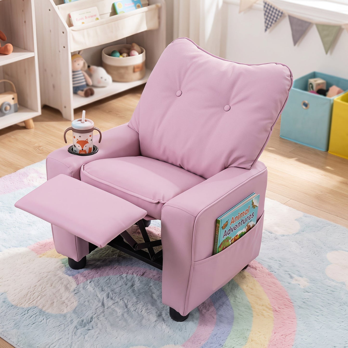 Kids Recliner Chair with Cup Holder and Adjustable Backrest, pink upholstery, DirectDeals on Tampa Home & Garden Store