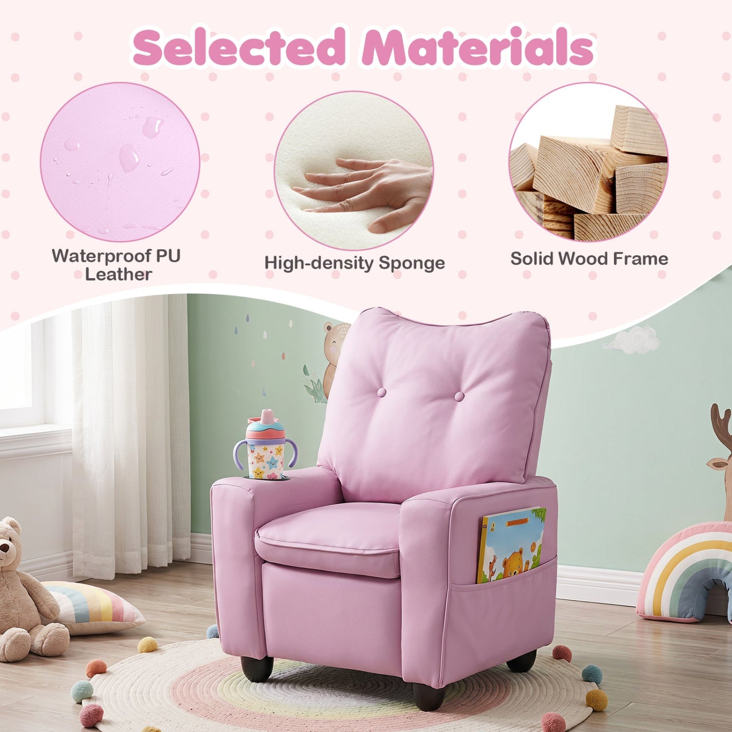 Kids recliner chair DirectDeals pink PU leather with cup holder and adjustable backrest on Tampa Home & Garden Store