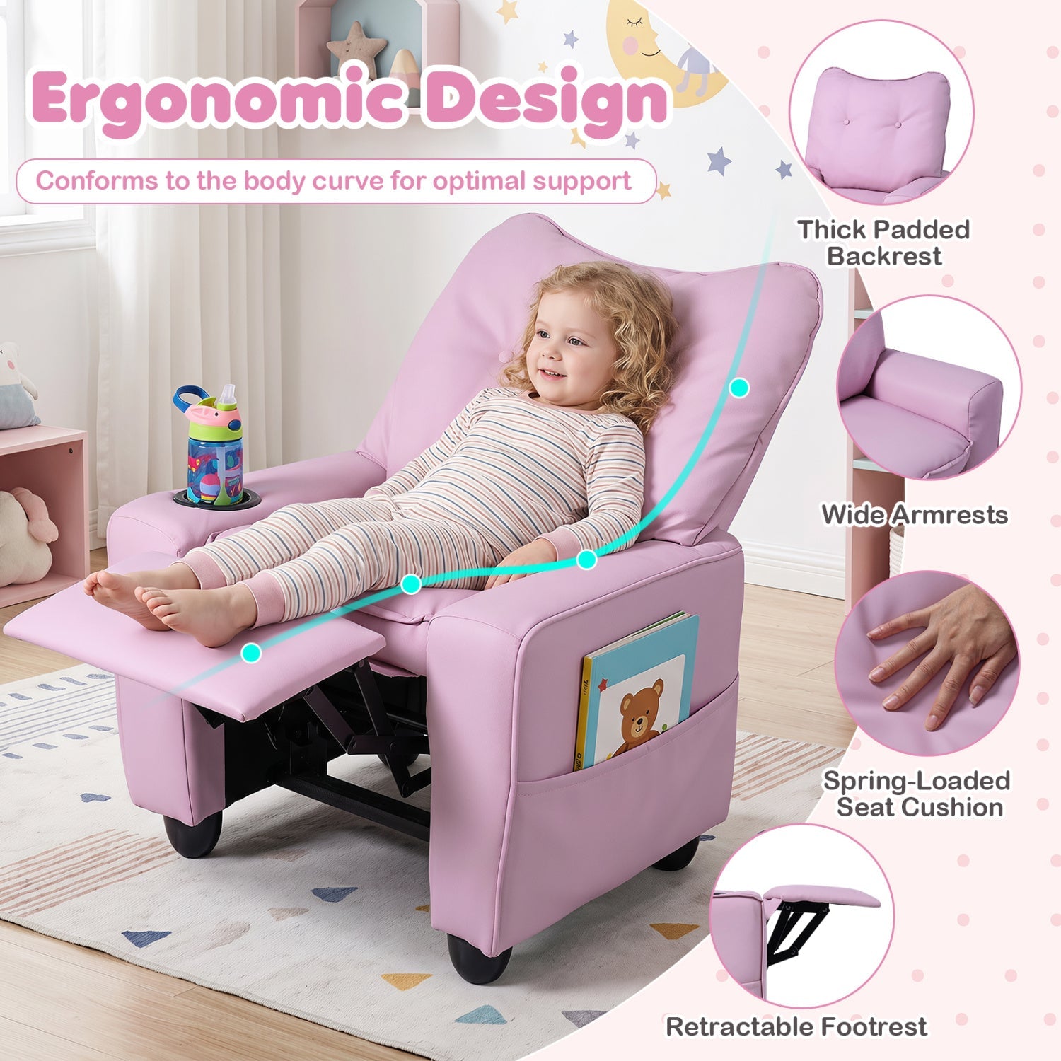 Kids recliner chair DirectDeals in pink with cup holder, adjustable backrest on Tampa Home & Garden Store