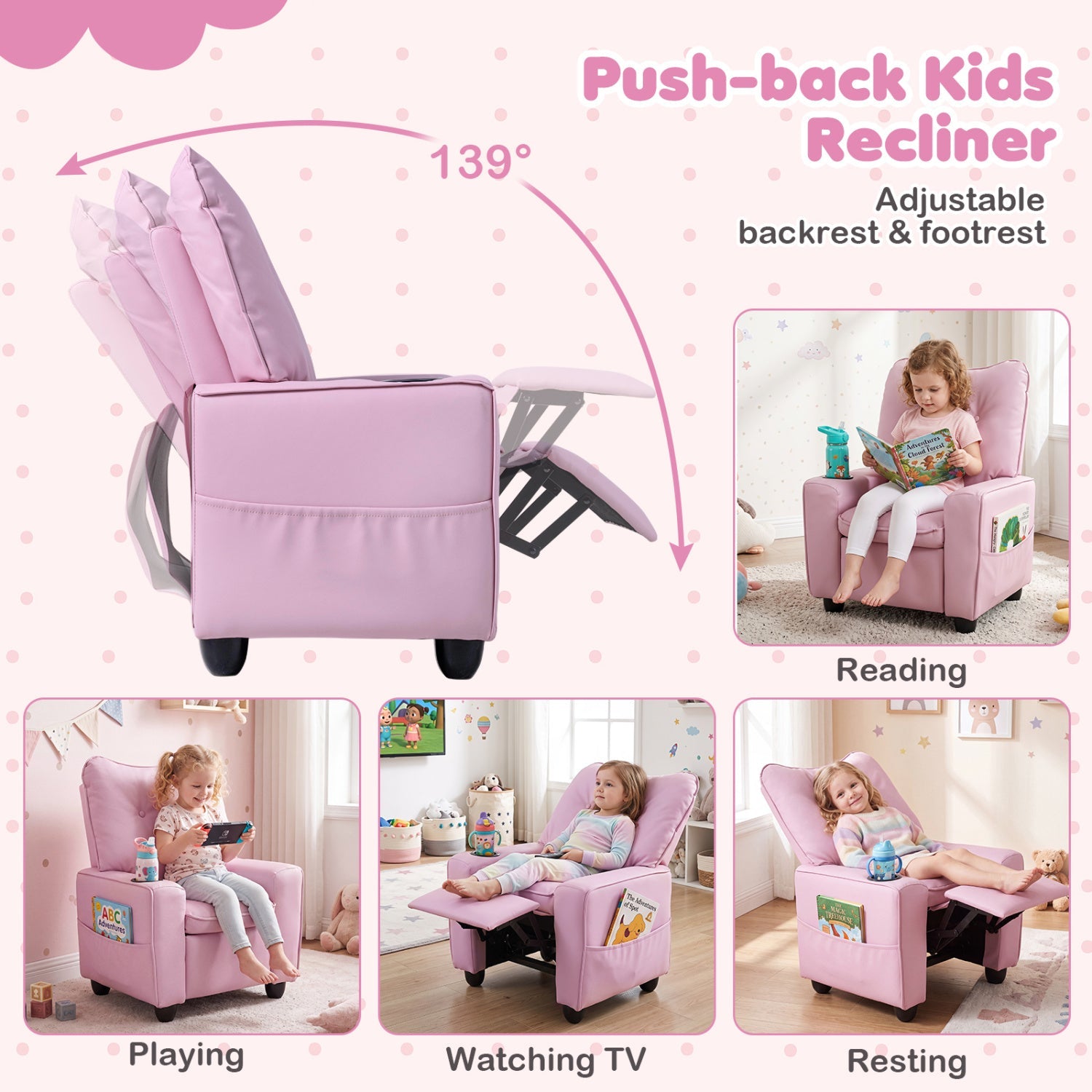 Kids recliner chair pink with cup holder and adjustable backrest by DirectDeals on Tampa Home & Garden Store