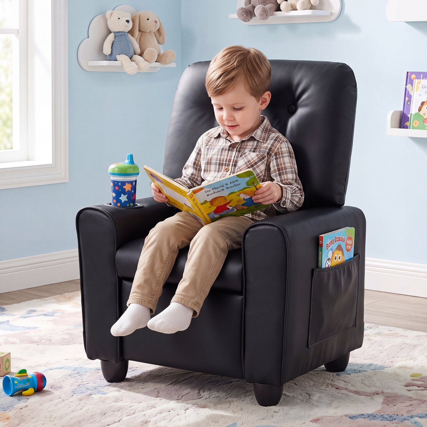 Kids Recliner Chair with Cup Holder & Adjustable Backrest in black by DirectDeals on Tampa Home & Garden Store
