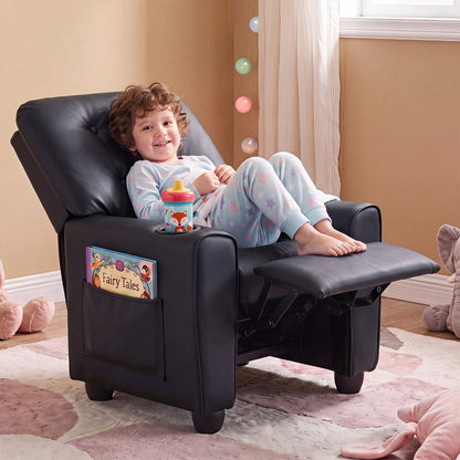 Kids recliner chair by DirectDeals in black faux leather with cup holder and adjustable backrest on Tampa Home & Garden Store