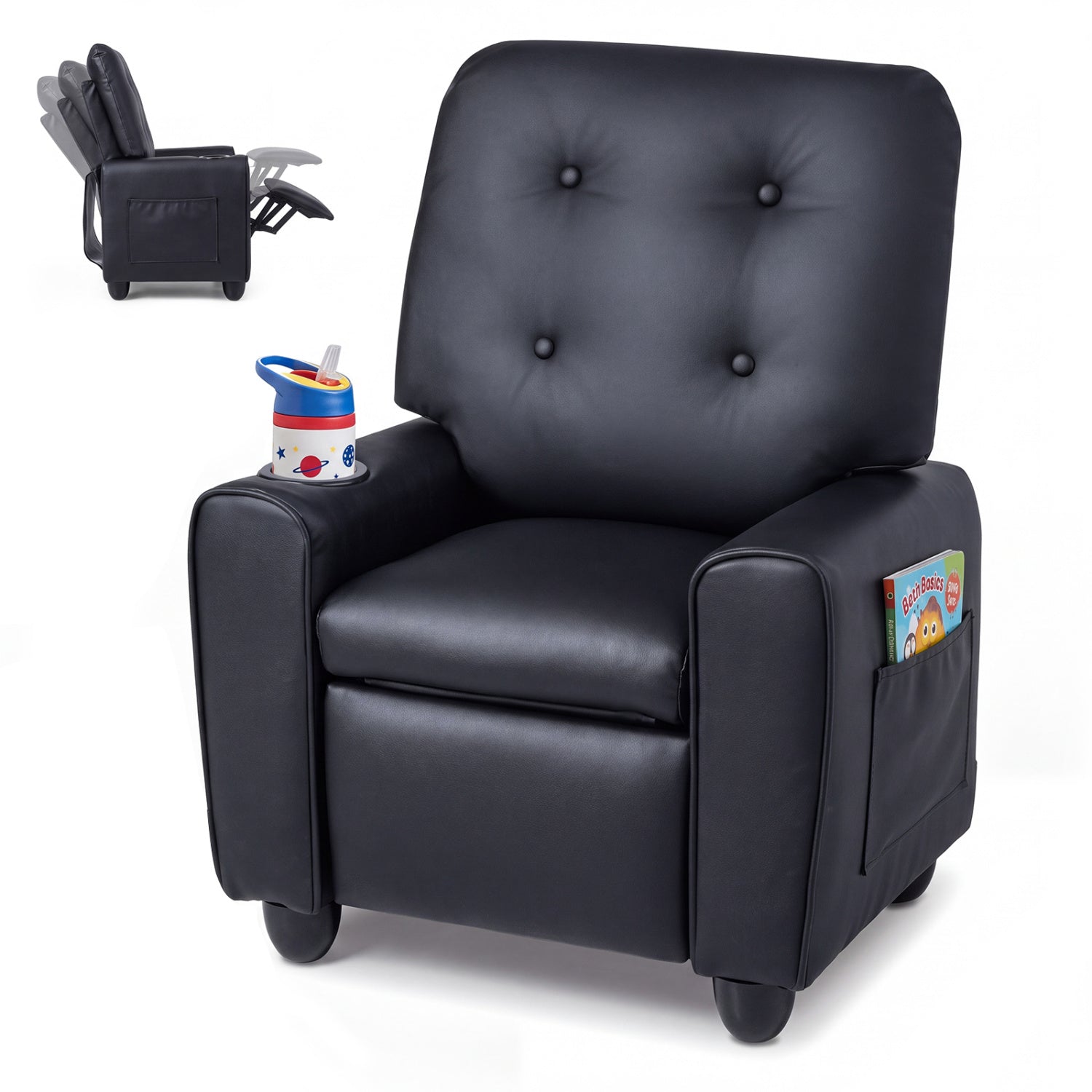 Kids Recliner Chair by DirectDeals, black faux leather with cup holder and adjustable backrest on Tampa Home & Garden Store