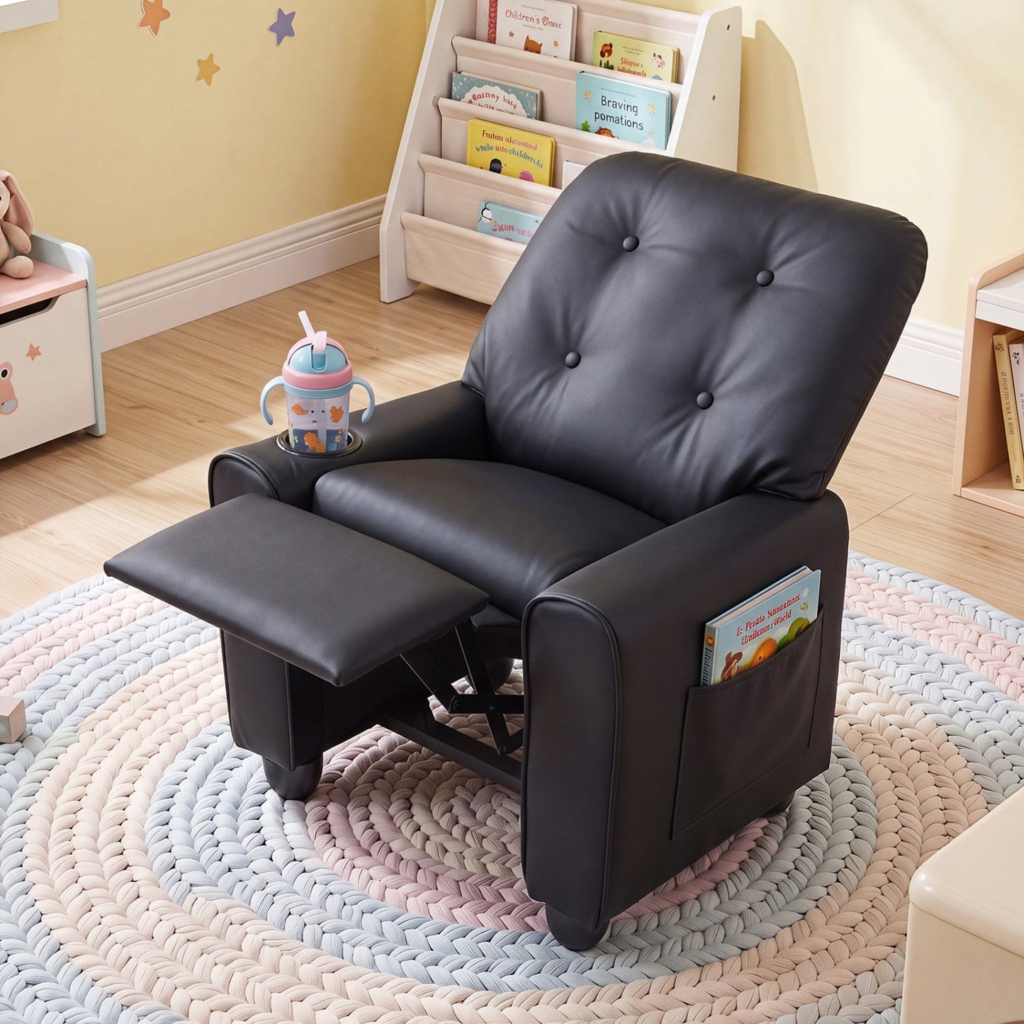 DirectDeals Kids Recliner Chair with Cup Holder in black faux leather, adjustable backrest on Tampa Home & Garden Store