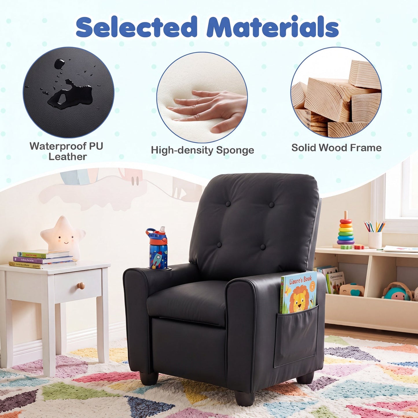 Kids Recliner Chair with Cupholder & Adjustable Backrest in black PU leather by DirectDeals on Tampa Home & Garden Store