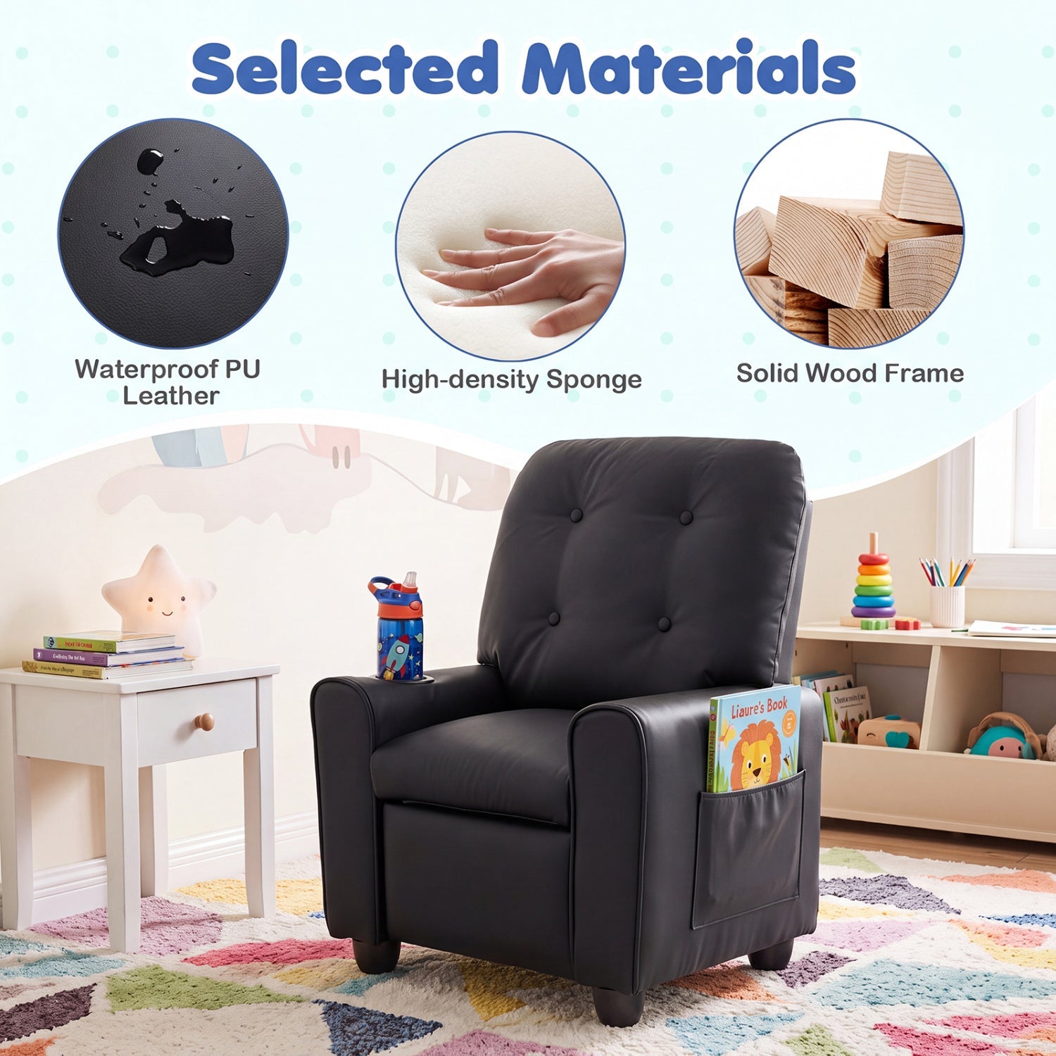 Kids Recliner Chair with Cupholder & Adjustable Backrest in black PU leather by DirectDeals on Tampa Home & Garden Store