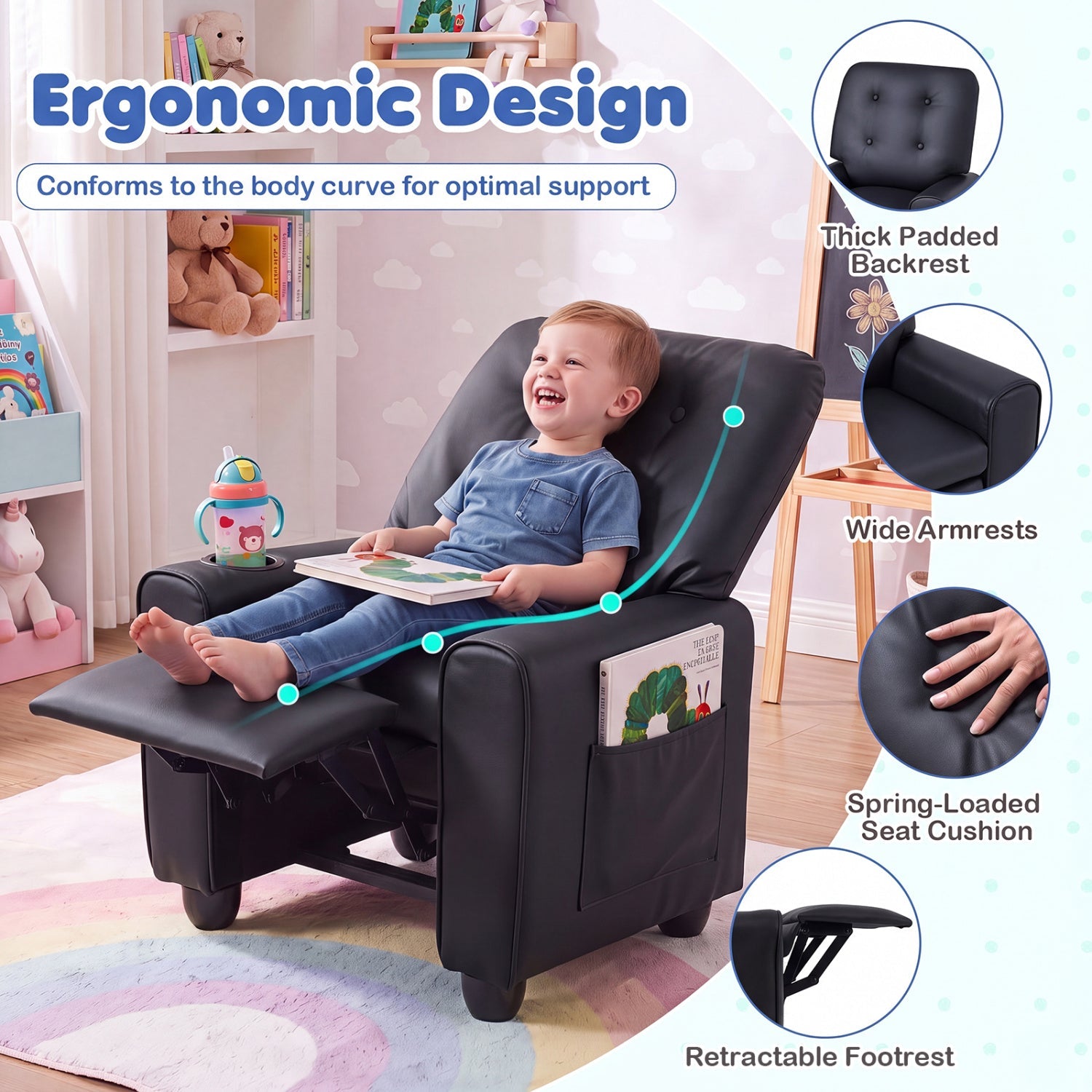 DirectDeals Kids Recliner Chair with Cup Holder in black faux leather and adjustable backrest on Tampa Home & Garden Store