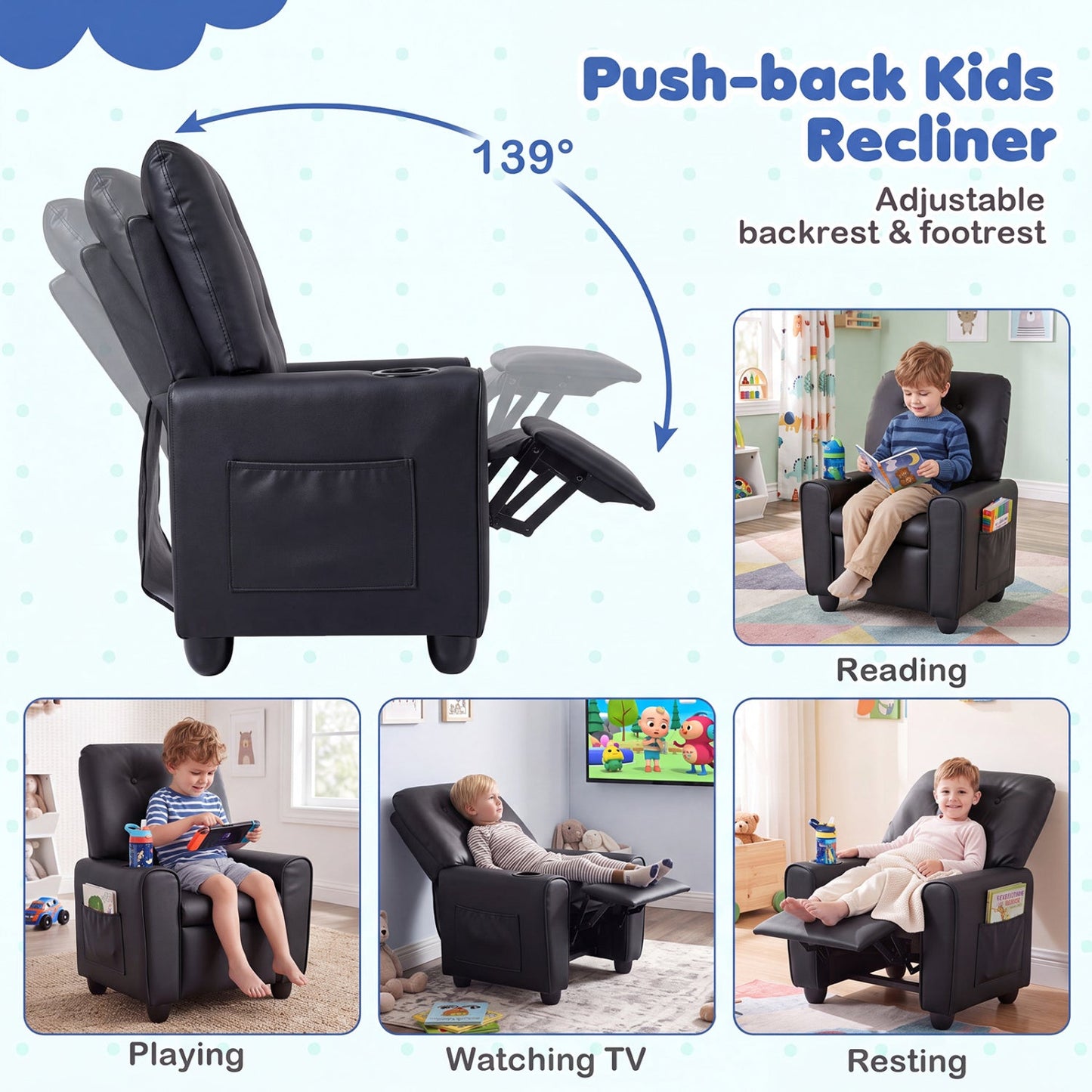 Kids Recliner Chair with cup holder and adjustable backrest in black by DirectDeals on Tampa Home & Garden Store