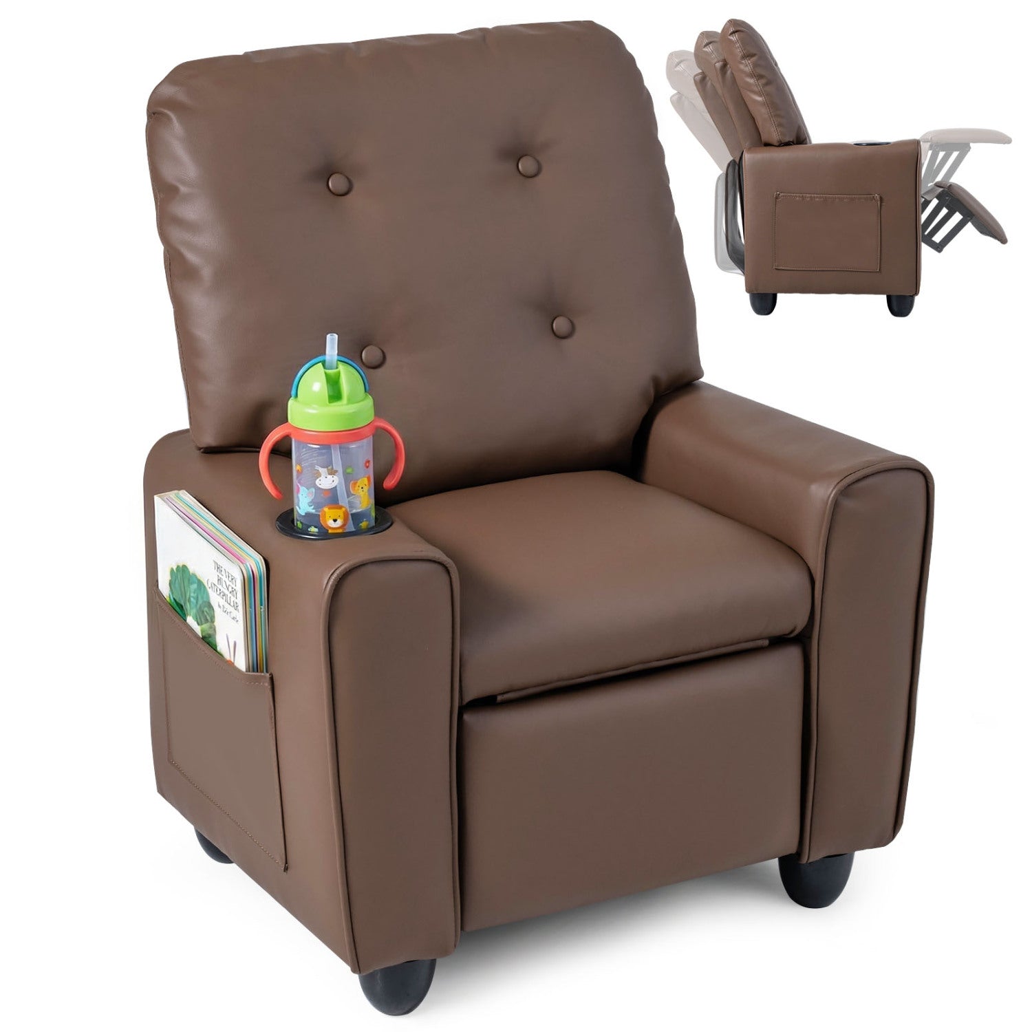 Kids Recliner Chair with Cup Holder by DirectDeals, brown faux leather, adjustable backrest on Tampa Home & Garden Store