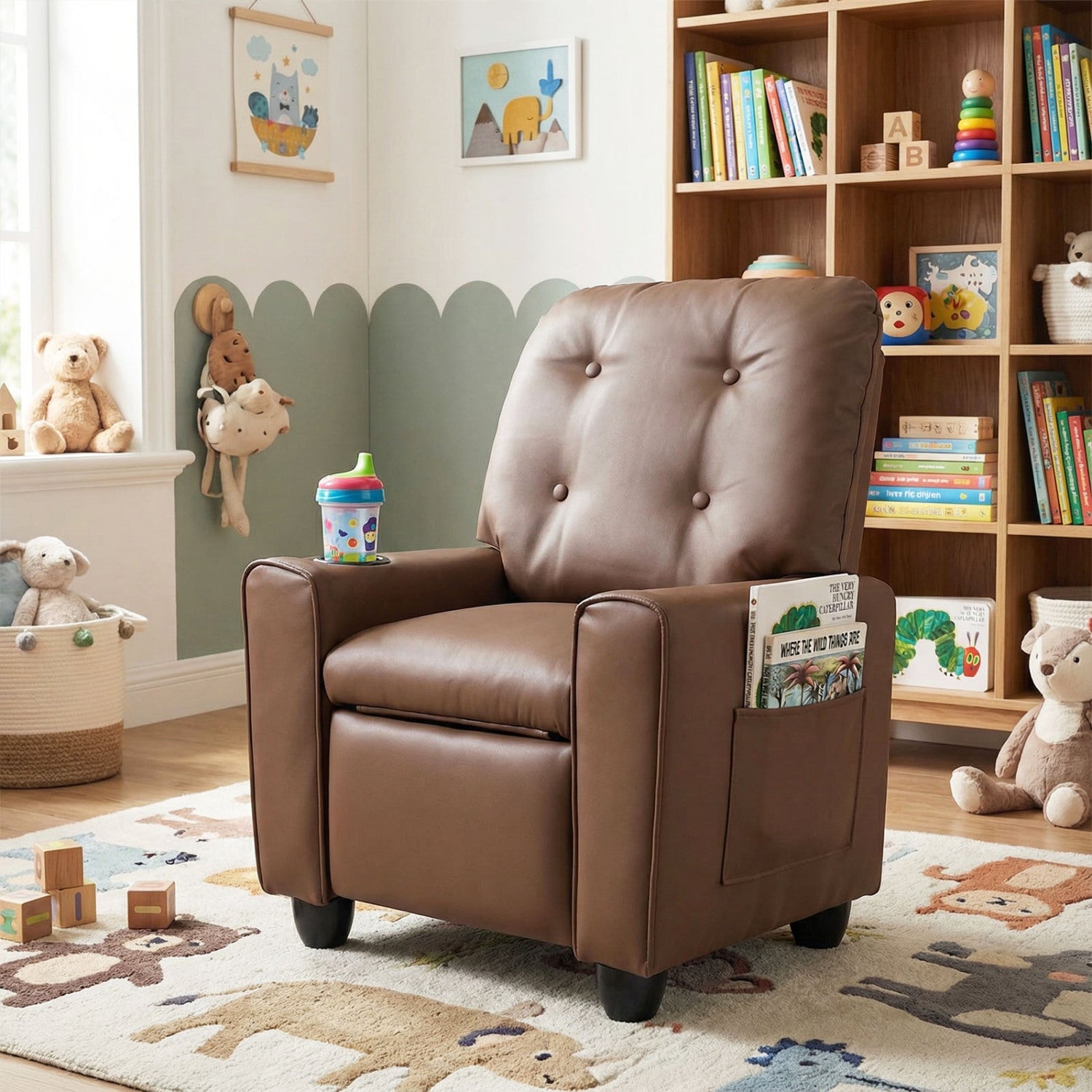 Kids recliner chair with cup holder in brown faux leather, adjustable backrest on Tampa Home & Garden Store