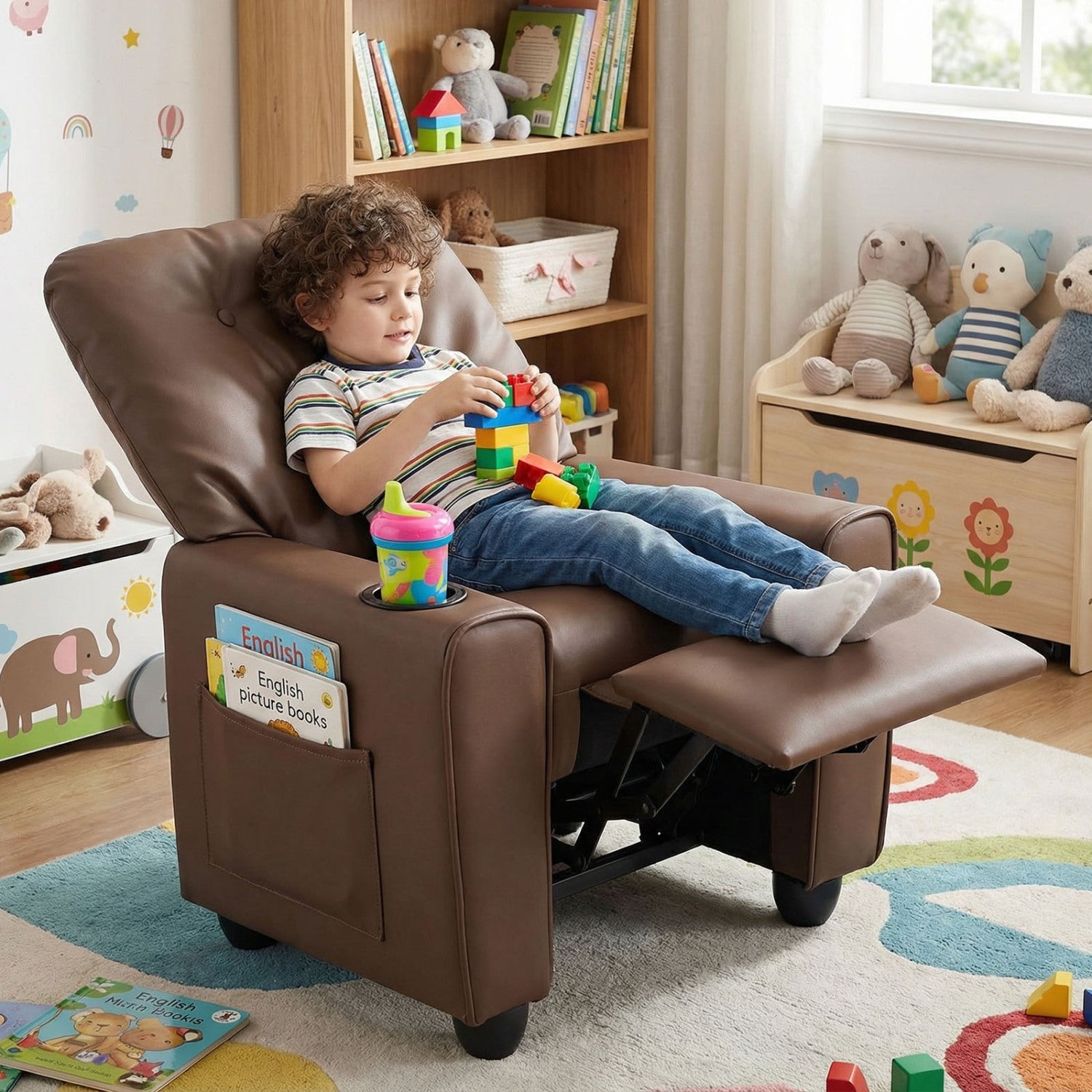 Kids recliner chair by DirectDeals with adjustable backrest and cup holder in brown on Tampa Home & Garden Store