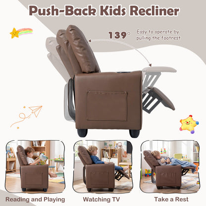 Kids Recliner Chair with Cup Holder in brown faux leather, adjustable backrest on Tampa Home & Garden Store