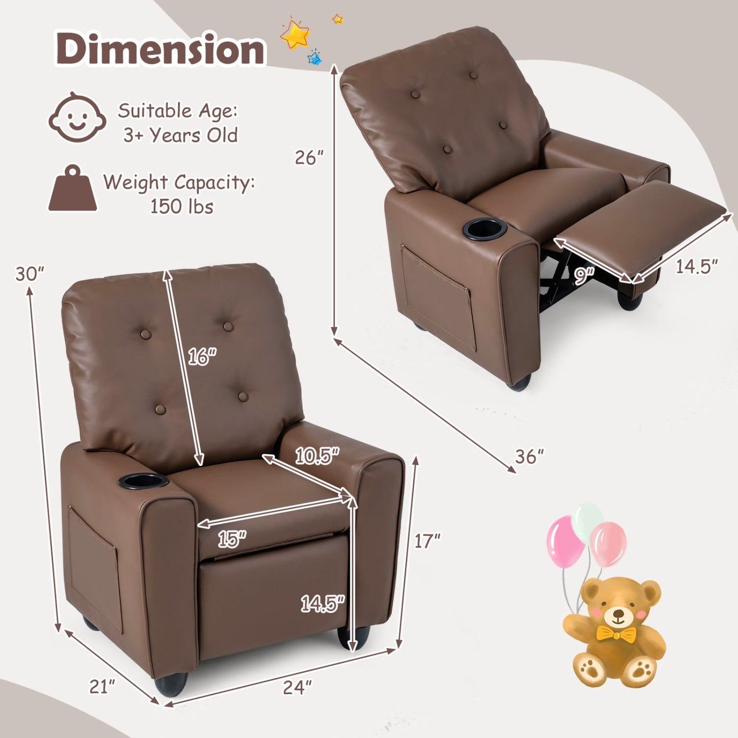 DirectDeals kids recliner chair with cup holder and adjustable backrest leather, 2 units on Tampa Home & Garden Store