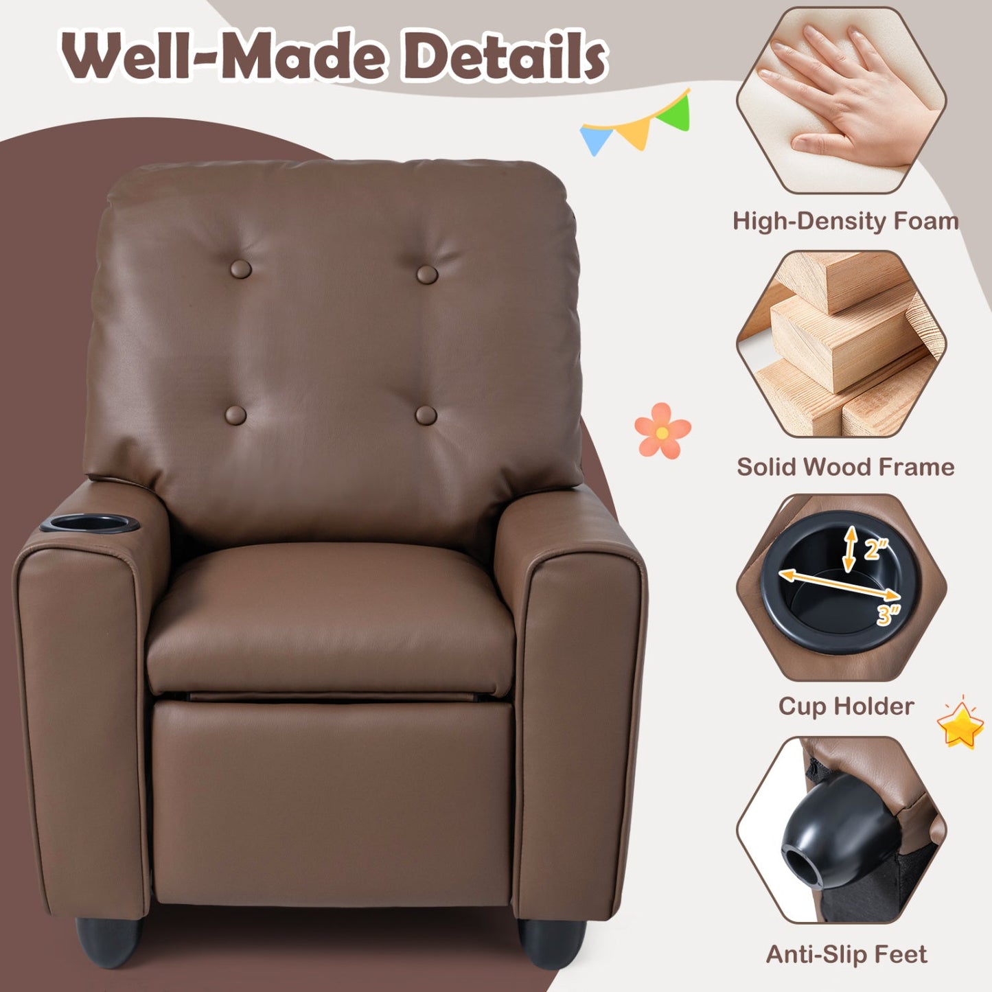 Kids Recliner Chair DirectDeals in brown faux leather with cup holder and adjustable backrest on Tampa Home & Garden Store