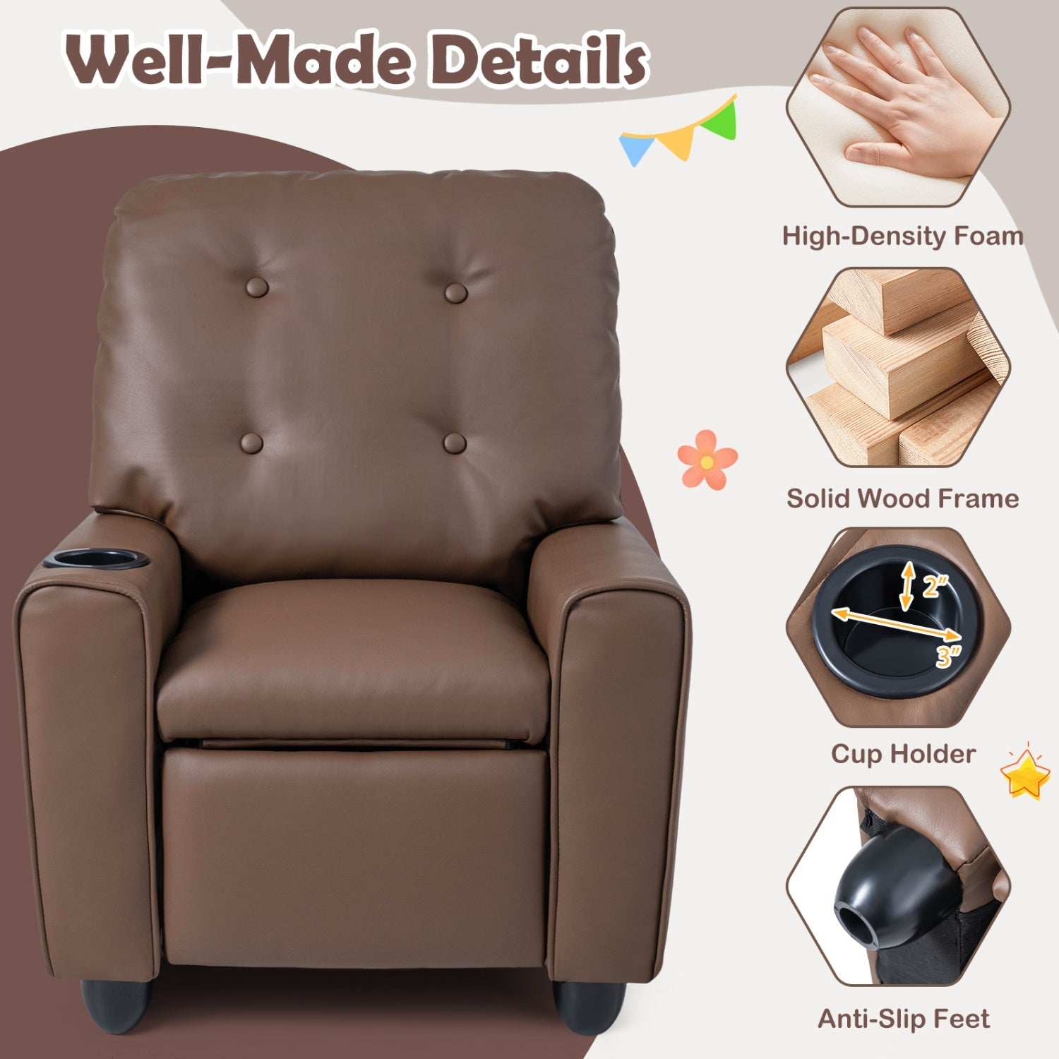 Kids Recliner Chair DirectDeals in brown faux leather with cup holder and adjustable backrest on Tampa Home & Garden Store