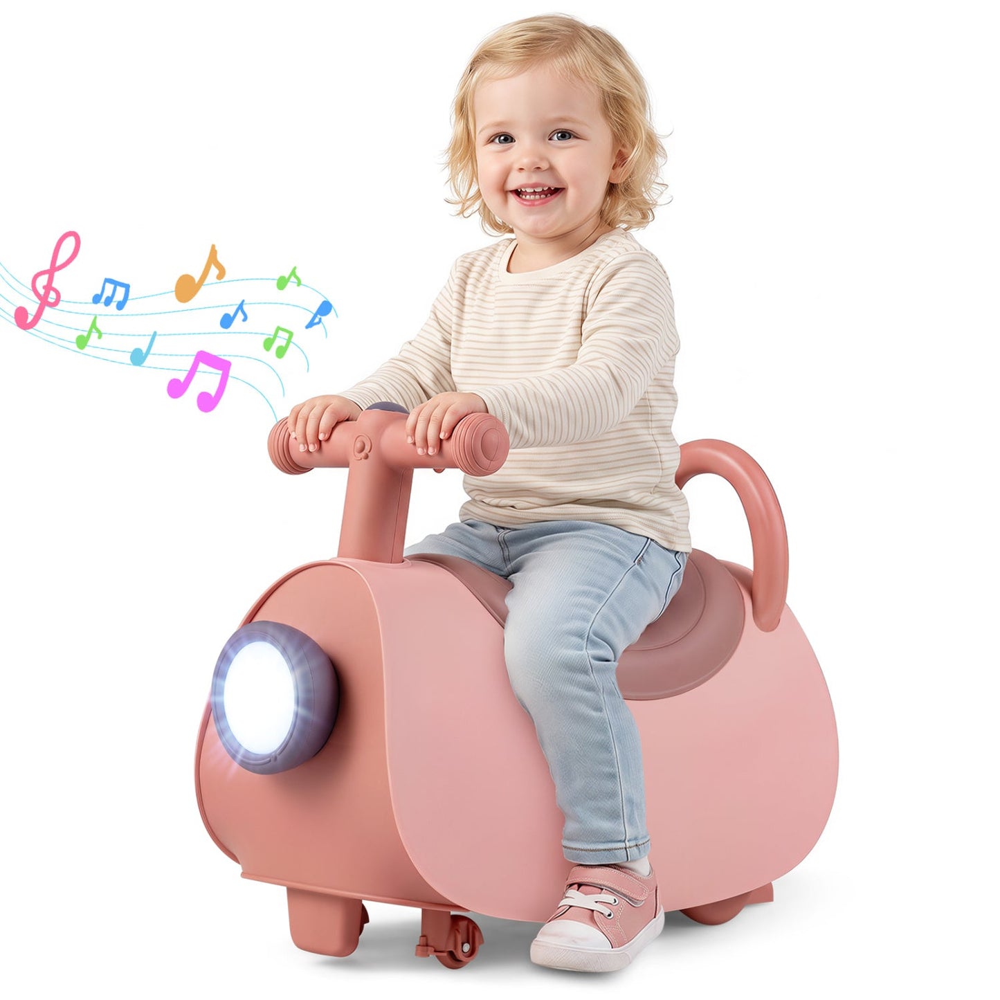 Kids push car ride-on toy with handlebars; smiling toddler as music notes flow on Tampa Home & Garden Store