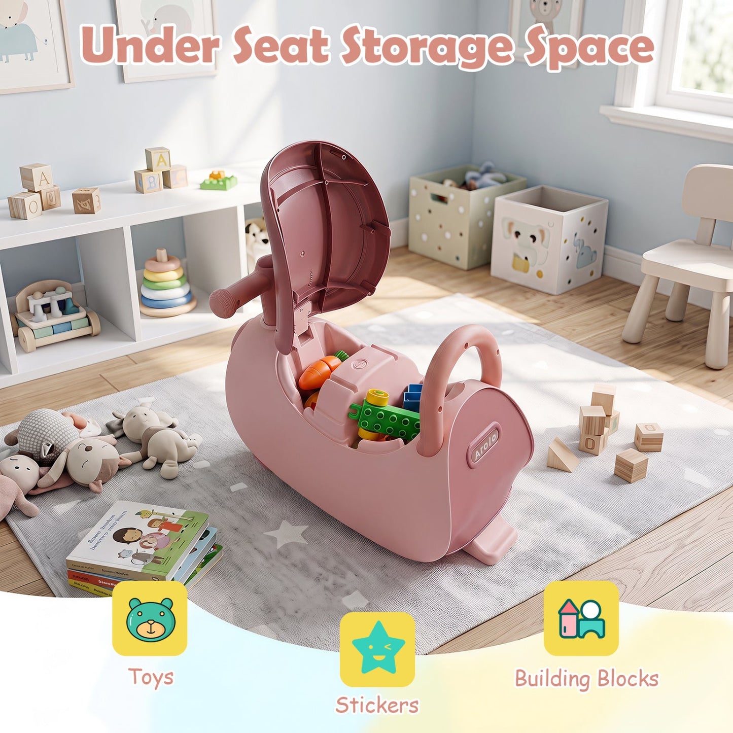 Pink DirectDeals ride-on kids push car with storage lid open showing colorful building blocks on Tampa Home & Garden Store