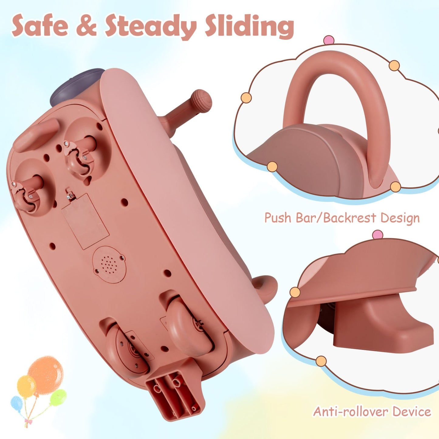 Kids push car ride-on toy pink with music and storage, backrest push-bar design on Tampa Home & Garden Store