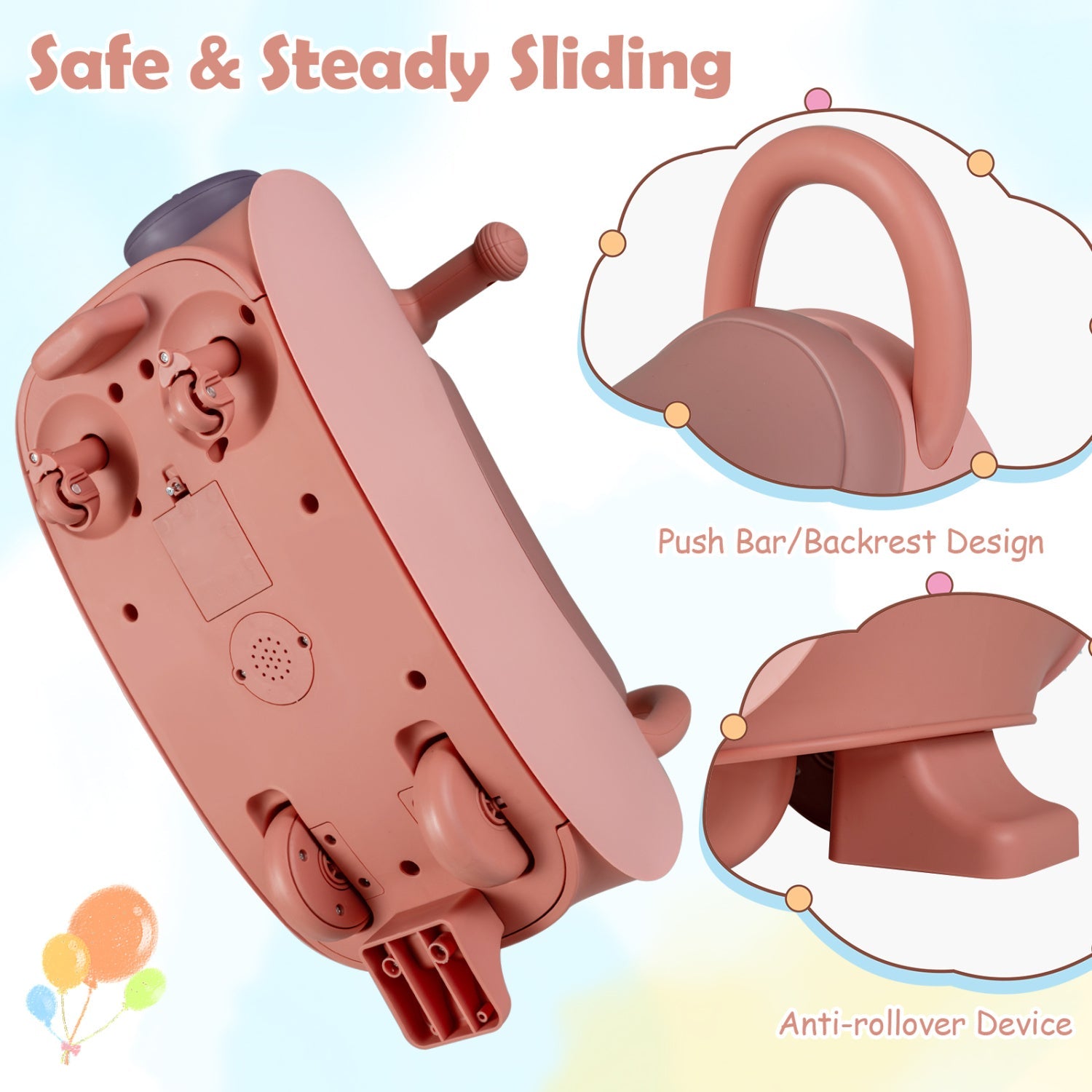 Kids push car ride-on toy pink with music and storage, backrest push-bar design on Tampa Home & Garden Store