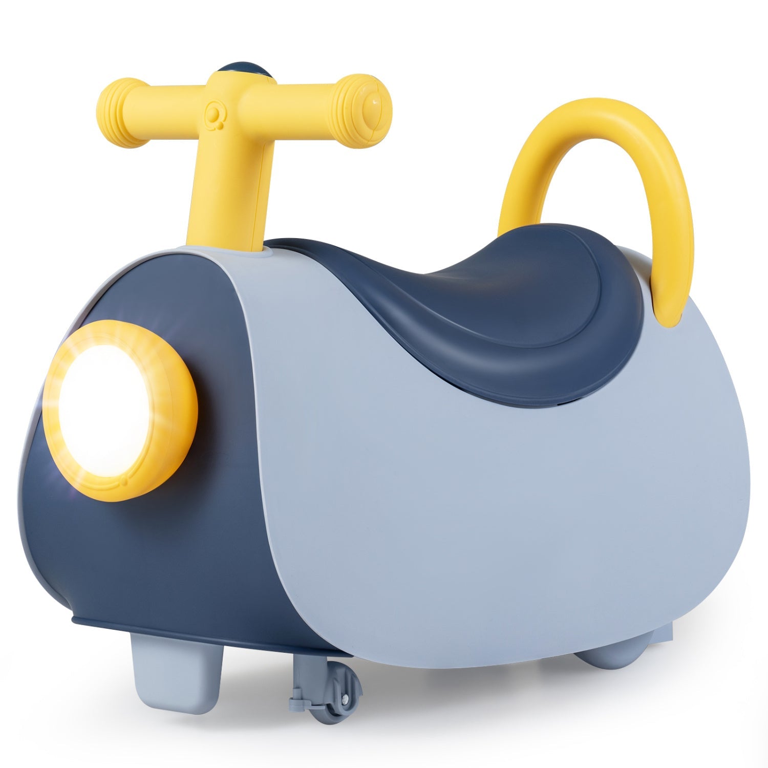 Kids push car ride-on toy in blue-gray with yellow push handle and back arch on Tampa Home & Garden Store