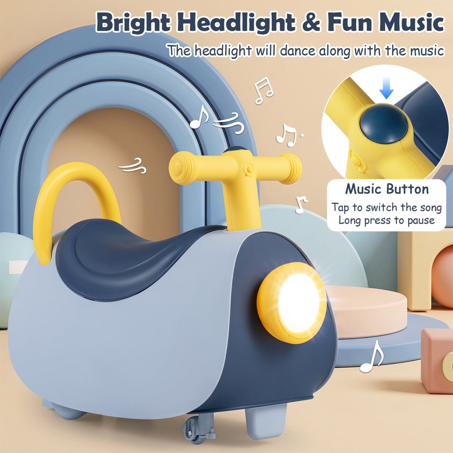 Kids push ride-on car in pastel blue with yellow accents and a music button DirectDeals on Tampa Home & Garden Store