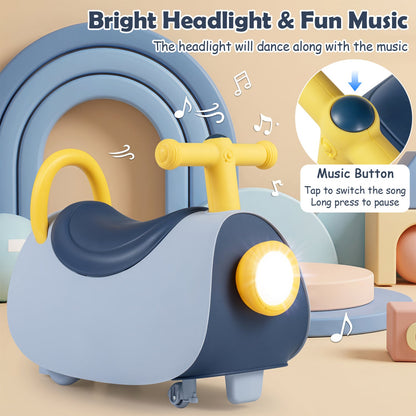 Kids push ride-on car in pastel blue with yellow accents and a music button DirectDeals on Tampa Home & Garden Store