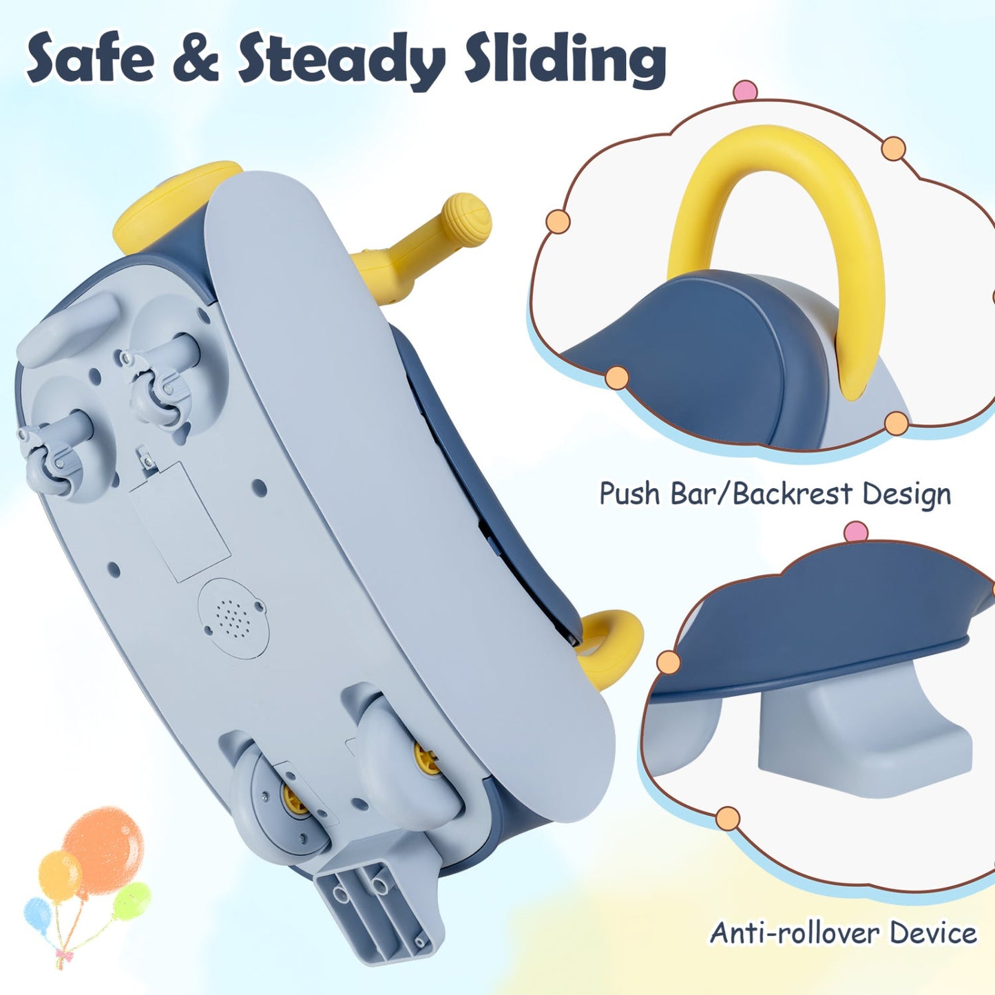 Kids Push Car Ride-On Toy by DirectDeals in blue with yellow handle and backrest design on Tampa Home & Garden Store