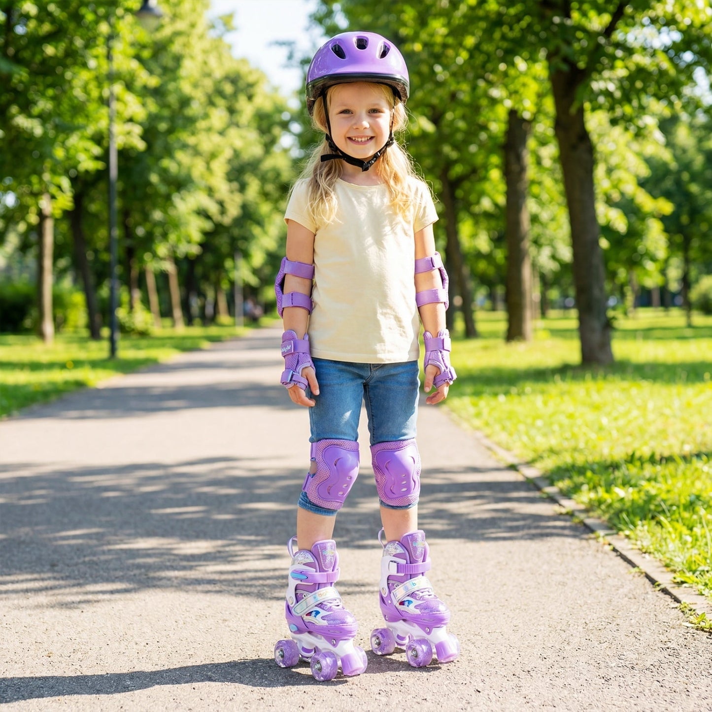 Kid in purple GemGear protective gear and helmet with purple inline skates on a sunny park path on Tampa Home & Garden Store