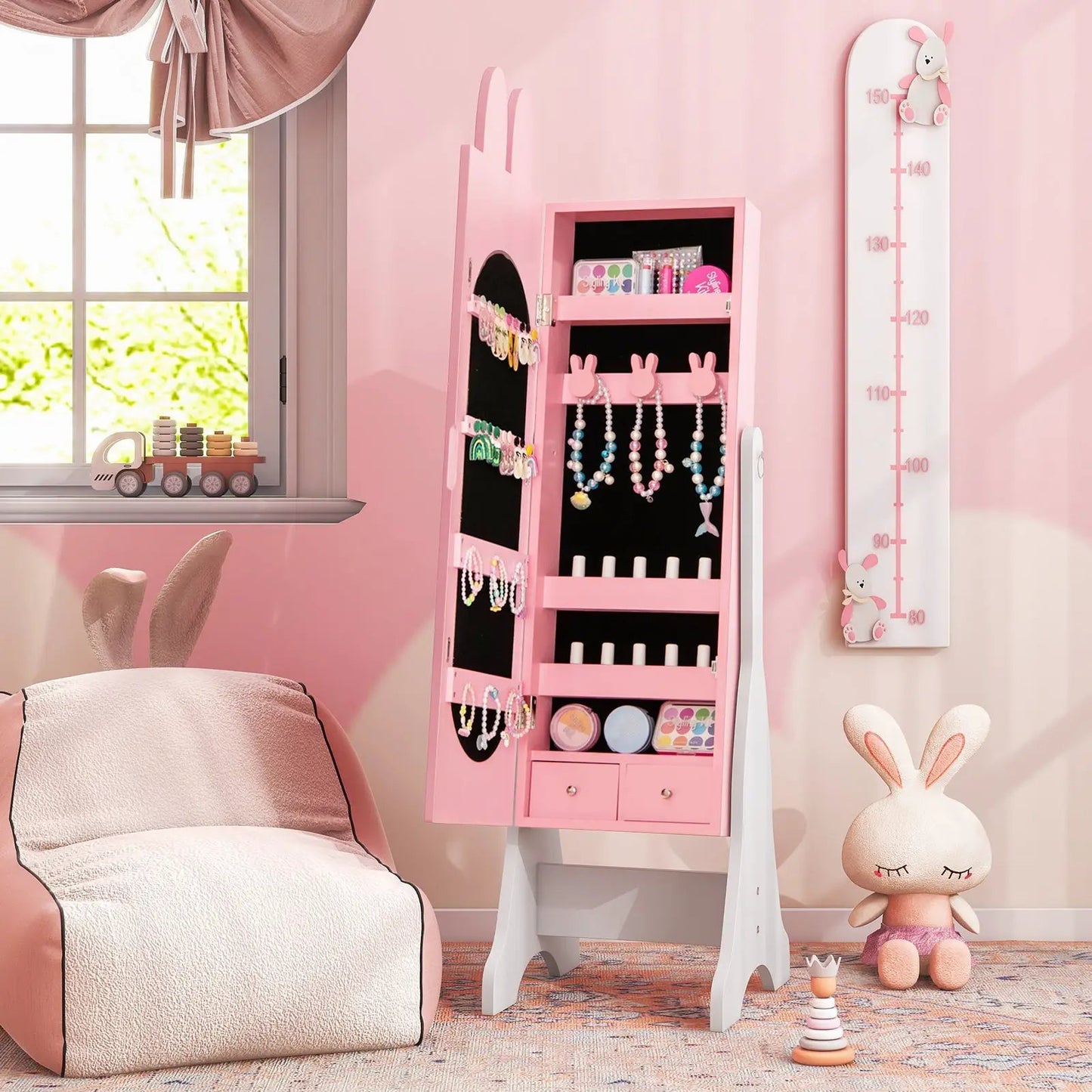Kids Vanity Set with Mirror Chair Storage White