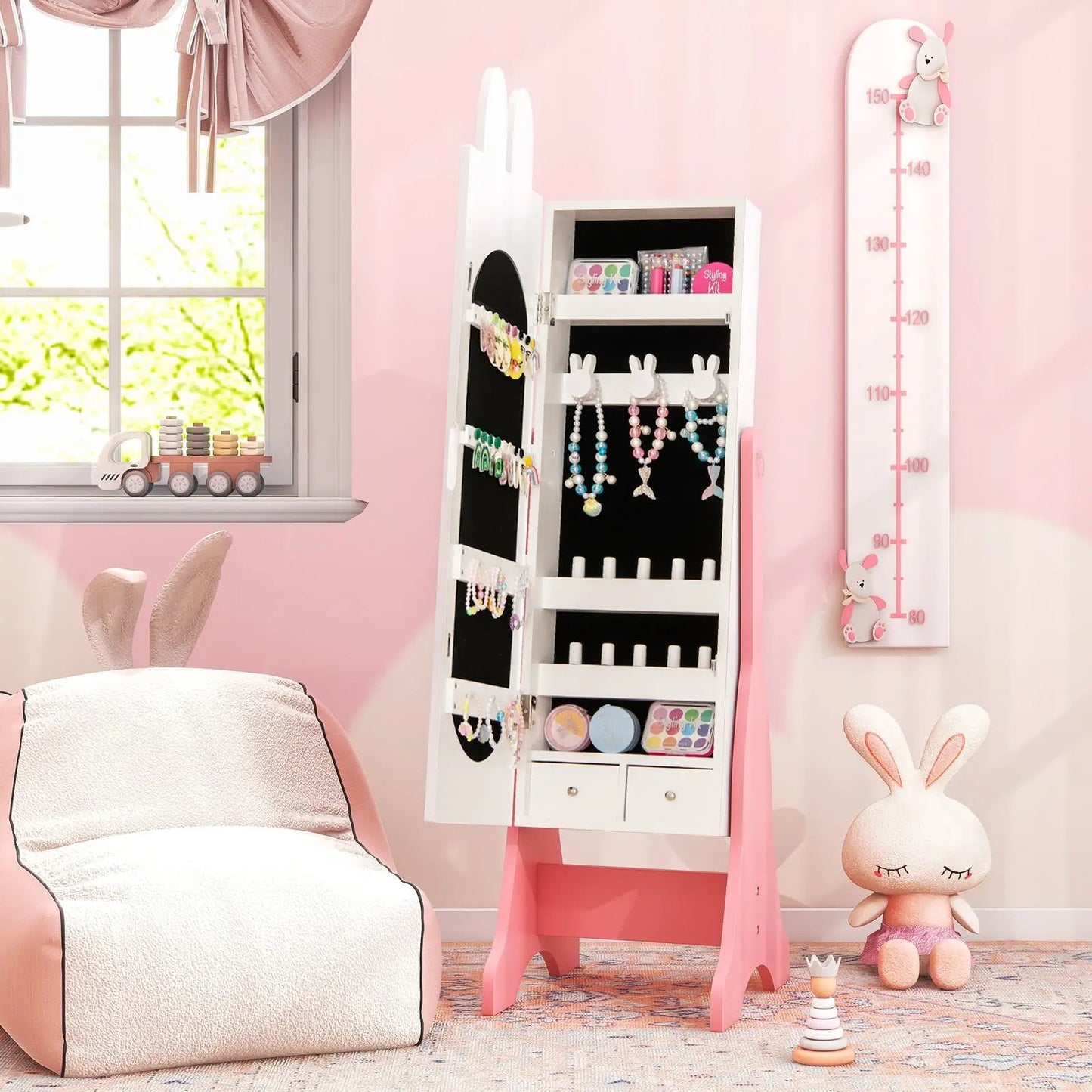 Kids Vanity Set with Mirror Chair Storage White
