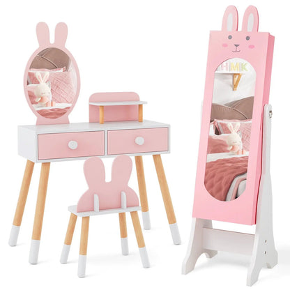 Kids Vanity Set with Mirror Chair Storage White