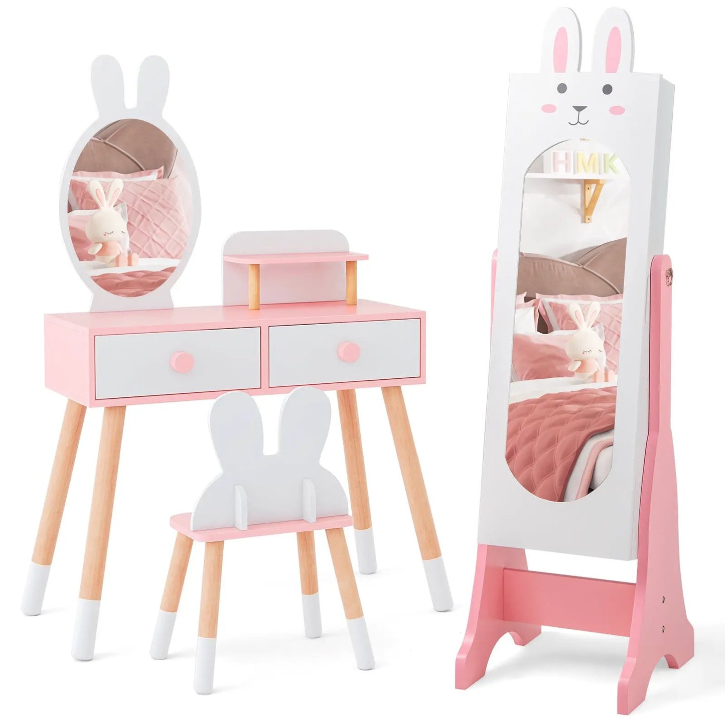 Kids Vanity Set with Mirror Chair Storage White