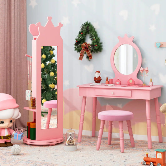 Princess vanity table and pink stool set with crown-top mirror for kids bedroom on Tampa Home & Garden Store