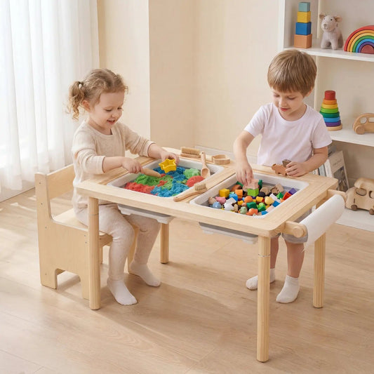 Kids sensory table set in natural wood with adjustable height and 2 chairs, play pieces on Tampa Home & Garden Store