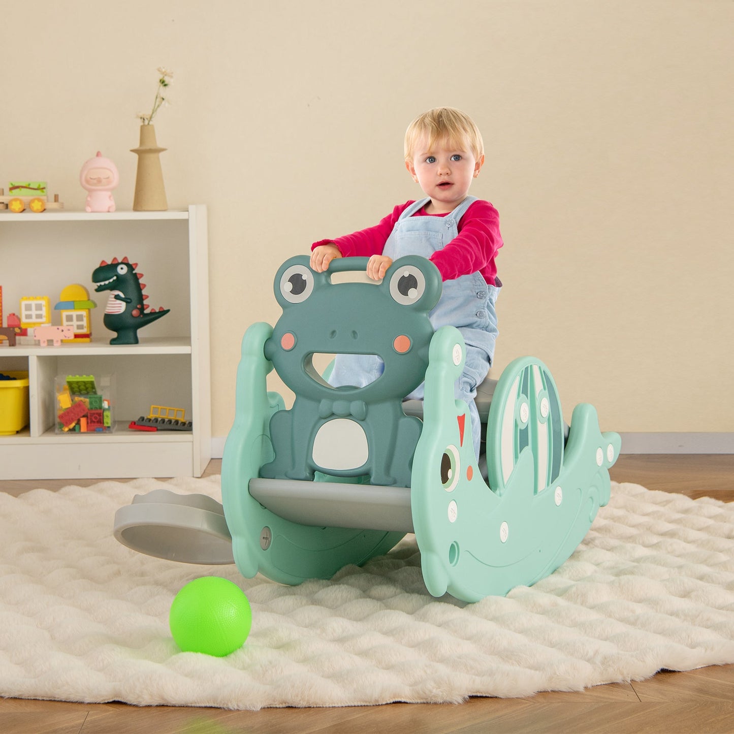 3-in-1 Kids Slide Rocking Horse Set Convertible Toddler Slide with Basketball Hoop-Green