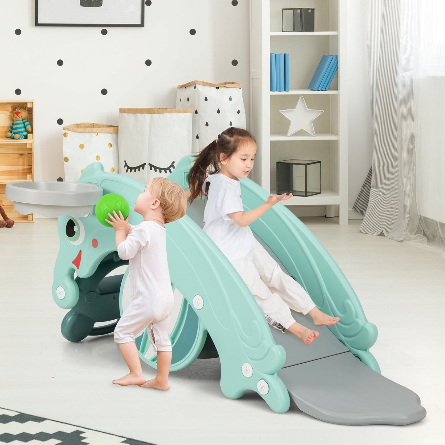 3-in-1 Kids Slide Rocking Horse Set Convertible Toddler Slide with Basketball Hoop-Green