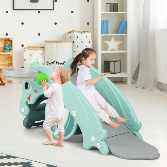 3-in-1 Kids Slide Rocking Horse Set Convertible Toddler Slide with Basketball Hoop-Green - Tampa Home & Garden Store