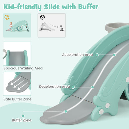 3-in-1 Kids Slide Rocking Horse Set Convertible Toddler Slide with Basketball Hoop-Green