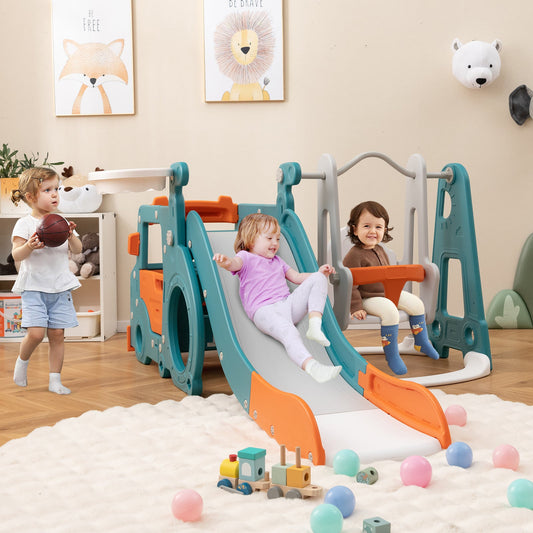 5-in-1 Kids Slide and Swing Set with Mini Bus and Basketball Hoop-Multicolor - Tampa Home & Garden Store