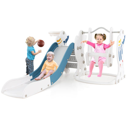 4-in-1 Kids Slide and Swing Set with Basketball Hoop-Blue