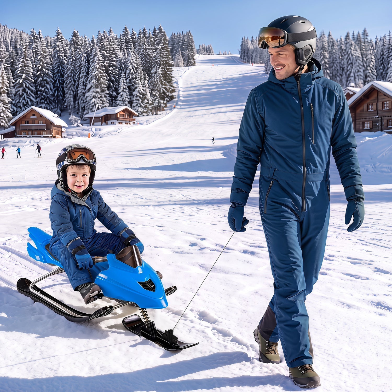 DirectDeals Snow Racer Sled for Kids with brakes and steering, blue, child riding on snow on Tampa Home & Garden Store