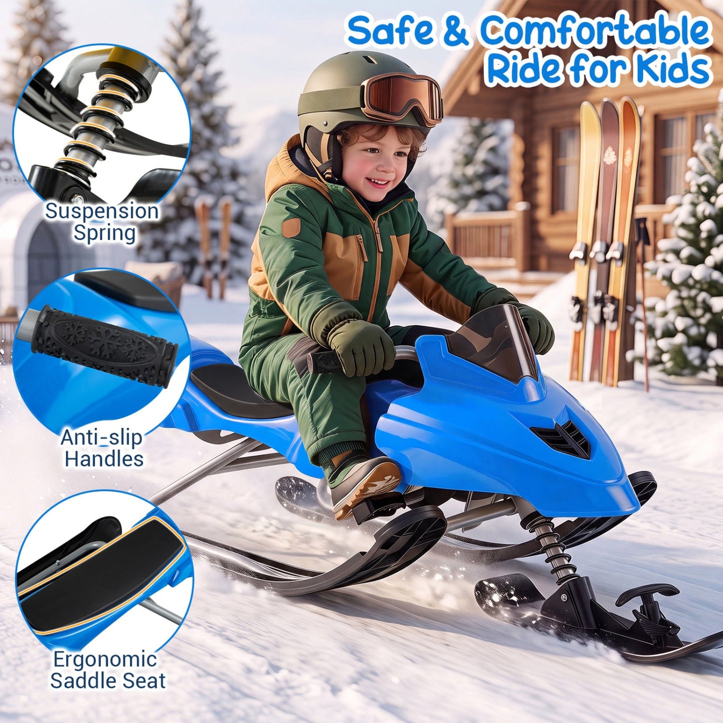 Snow Racer Sled with Brakes and Steering, blue plastic body, ergonomic saddle seat, DirectDeals on Tampa Home & Garden Store