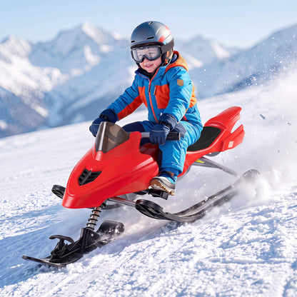 Snow Racer Sled with brakes and steering handle, red; kid in blue/orange snowsuit on slope on Tampa Home & Garden Store