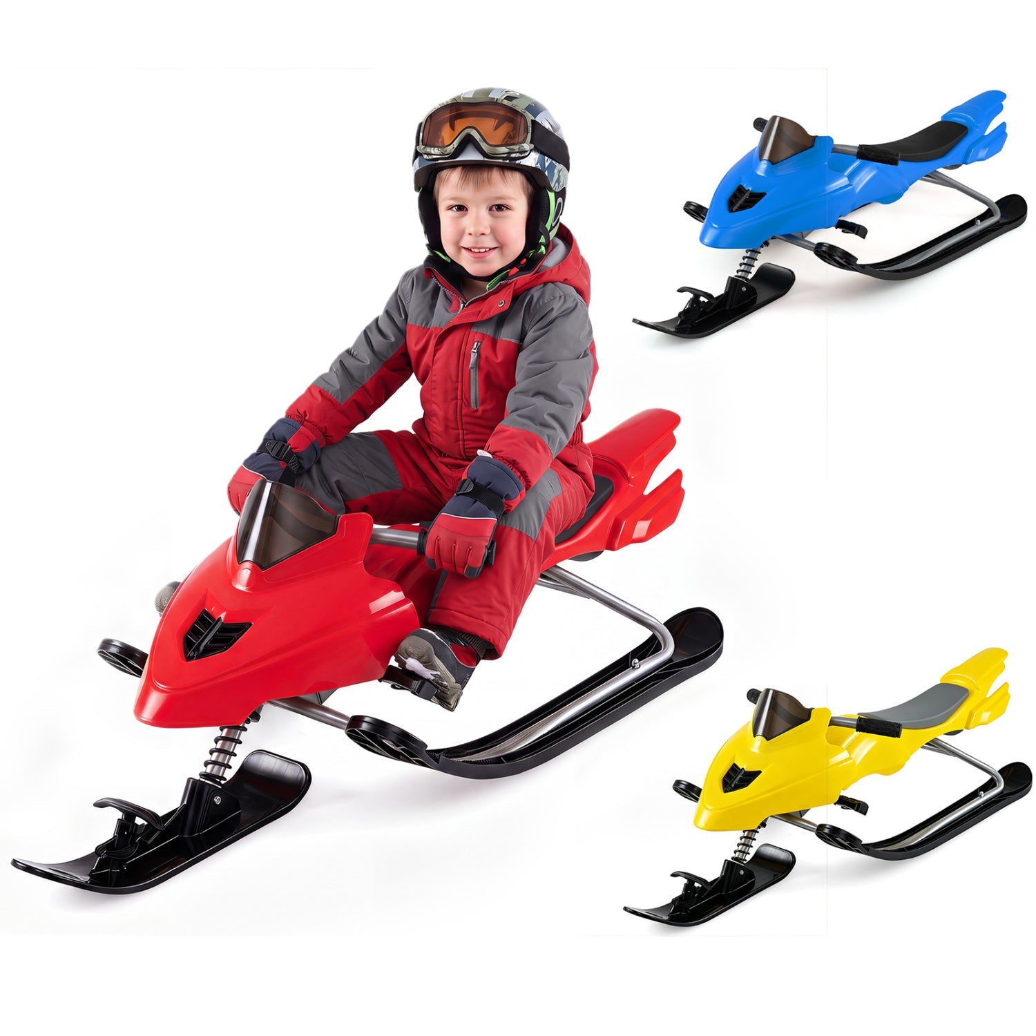 Snow racer sleds by DirectDeals in red, blue and yellow; 3-pack with brakes and steering on Tampa Home & Garden Store